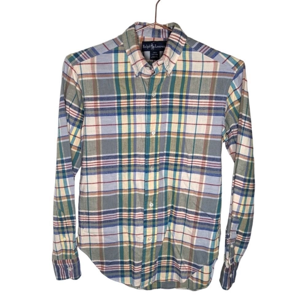 Ralph Lauren Button Down Shirt Long Sleeve Plaid Preppy Blue Green Womens Size 6